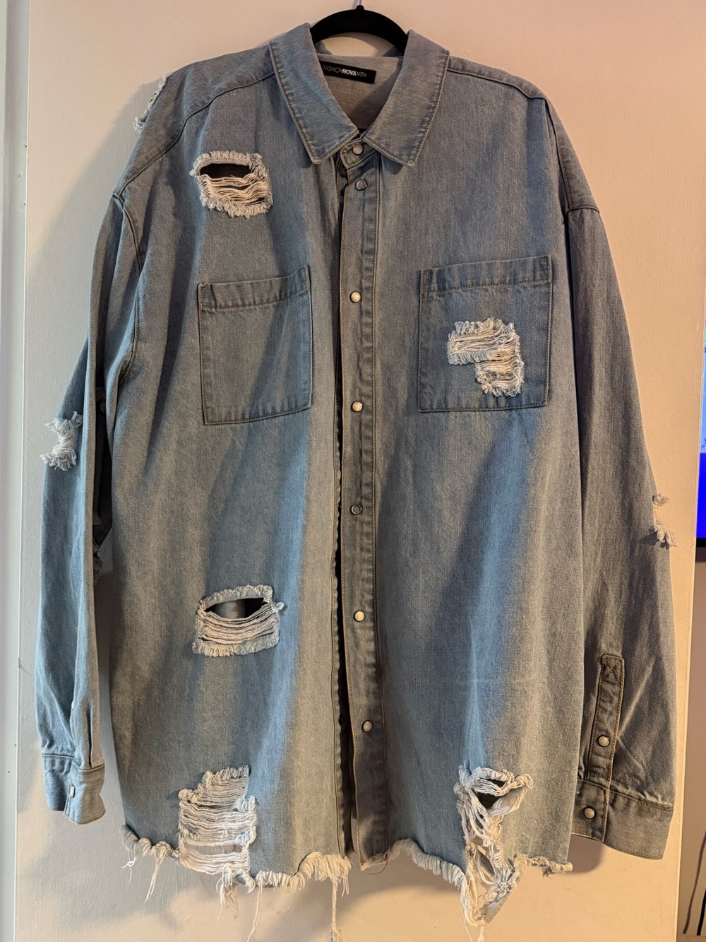 Men’s XXL Light Blue Distressed Denim Shirt Jacket 100% Cotton